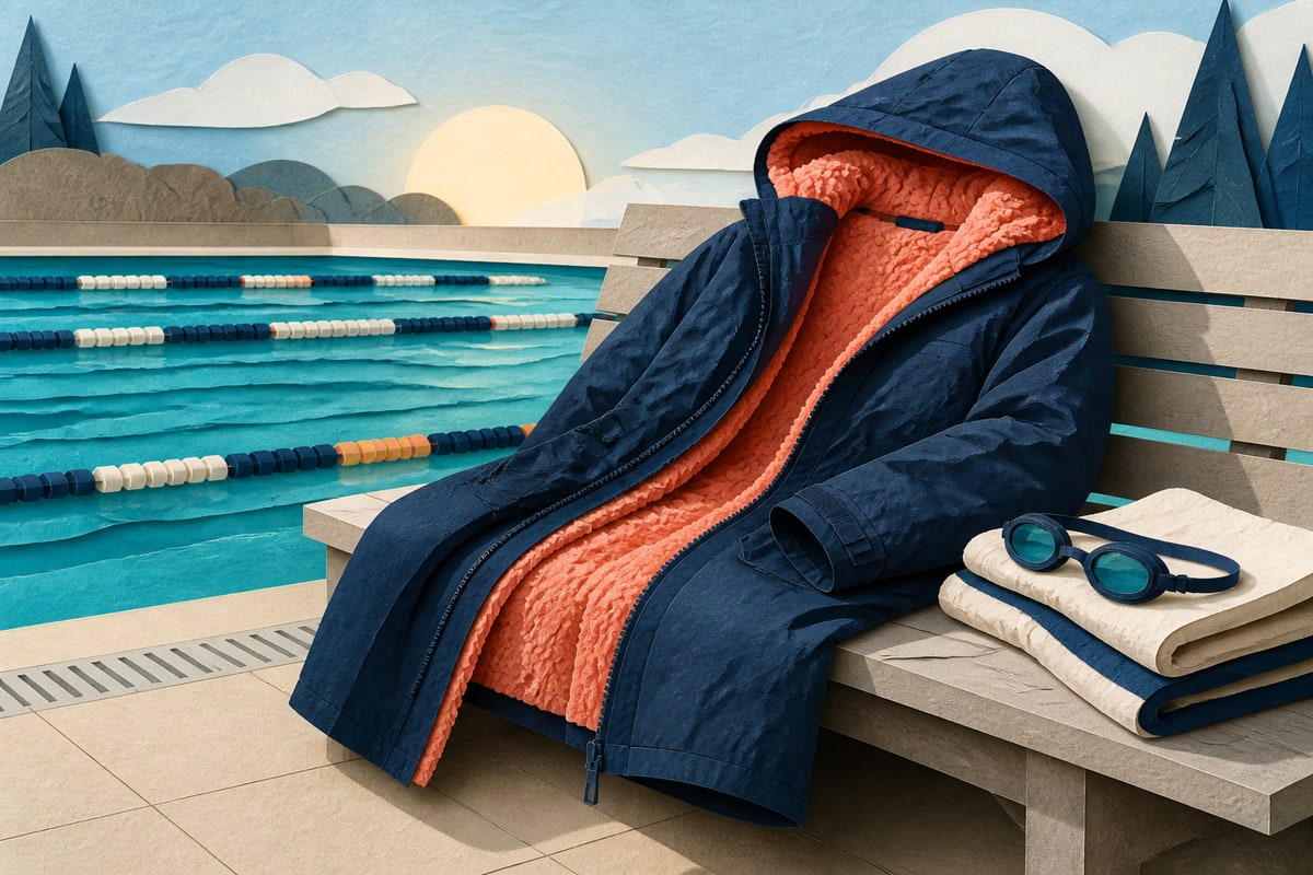 A fleece-lined hooded swim parka, folded towel, and goggles on an outdoor pool bench