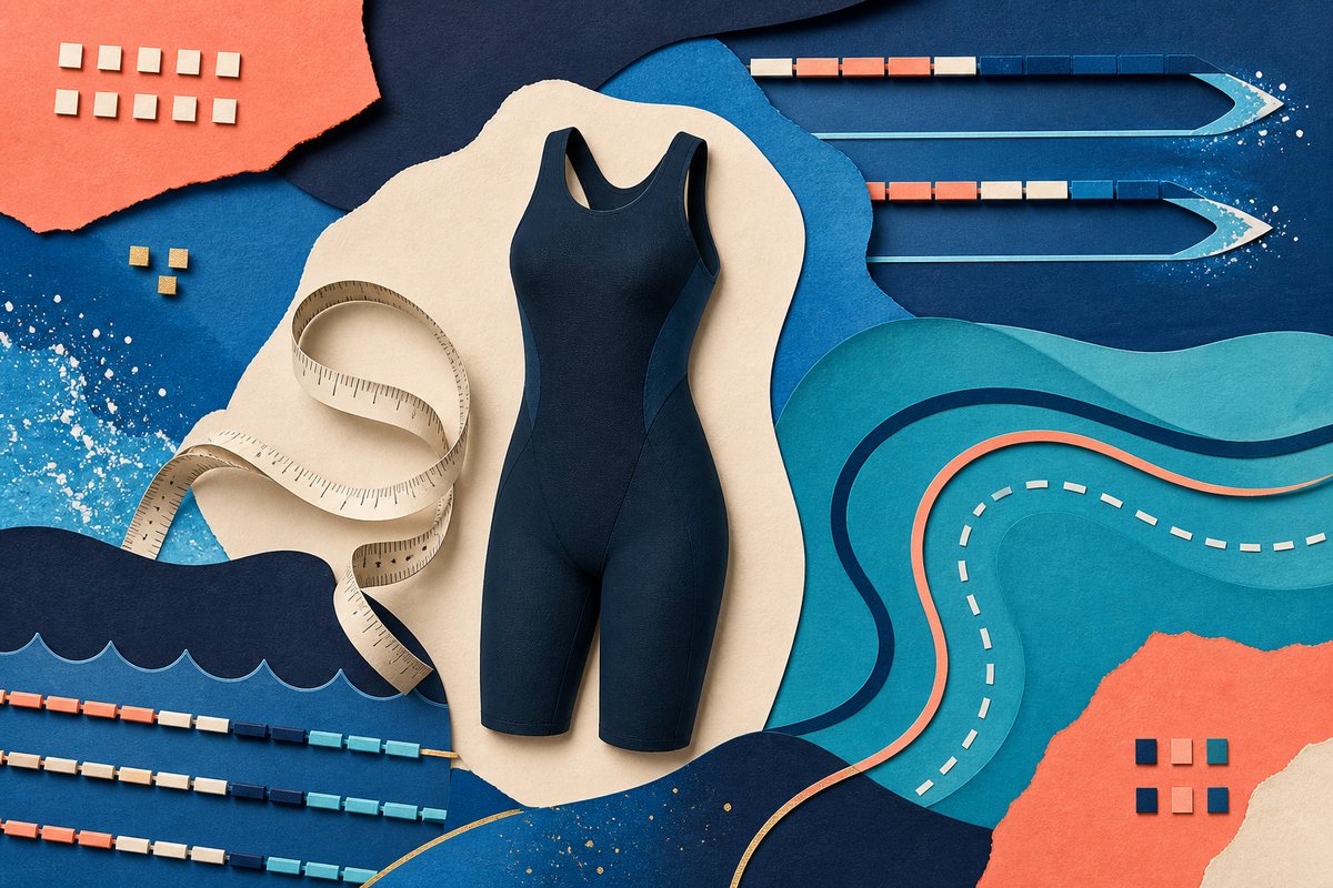 Illustrated racing suit, measuring tape, and abstract sprint and distance lanes