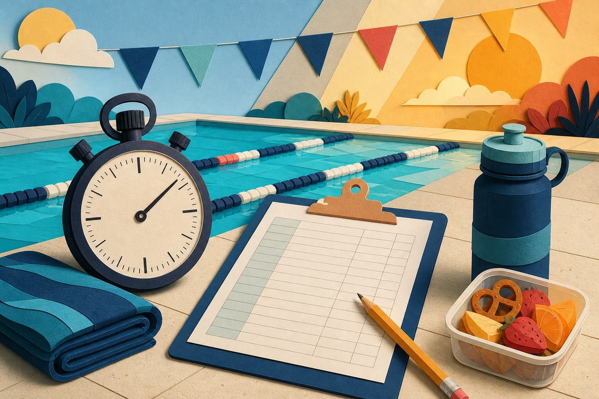 Stopwatch, blank meet sheet, towel, water bottle, and snacks arranged beside pool lanes
