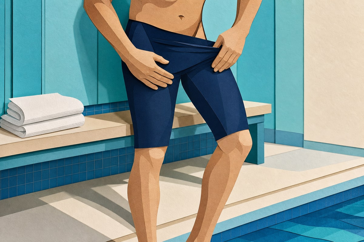 Adult swimmer using open palms and fingertips to ease a navy racing suit into place