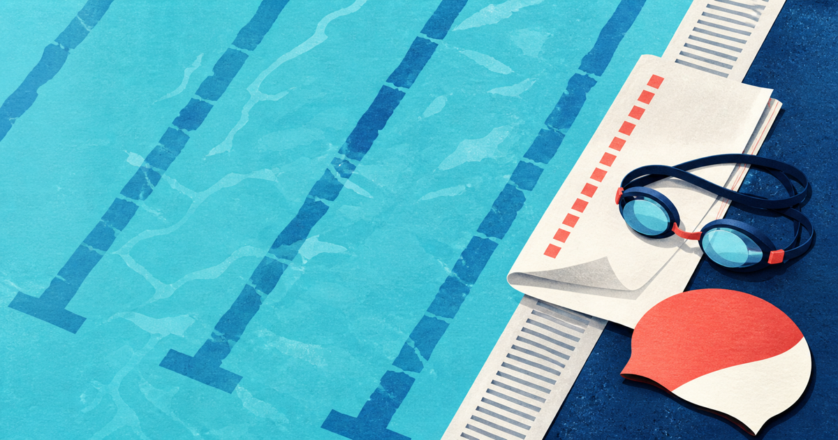 Illustrated pool lanes beside competition goggles, a swim cap, and a meet checklist